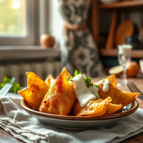 Crispy Chicken Wontons with Sweet and Spicy Cream Sauce