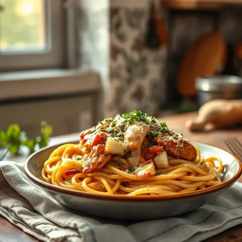 Crockpot Parmesan Garlic Chicken Spaghetti