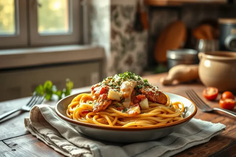Crockpot Parmesan Garlic Chicken Spaghetti