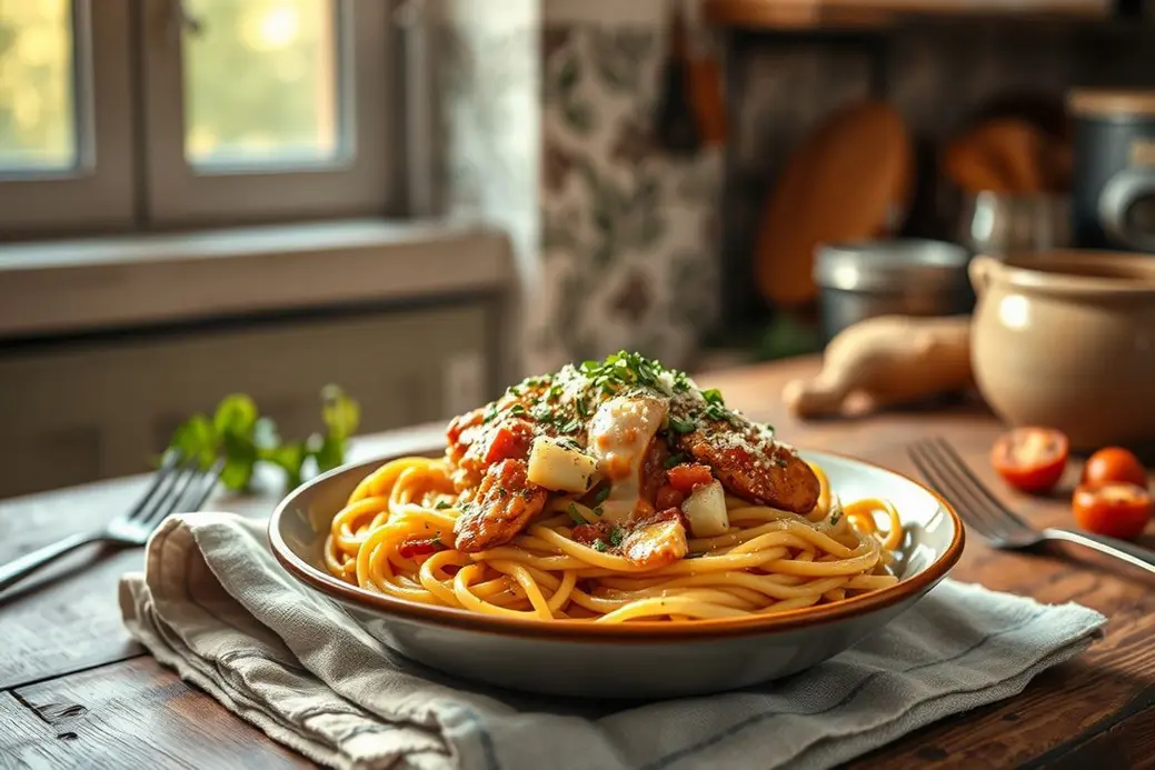 Crockpot Parmesan Garlic Chicken Spaghetti