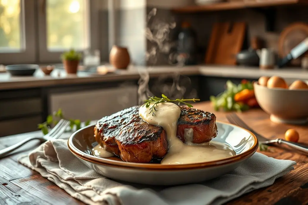 French Seared Steak with Cognac Cream Sauce